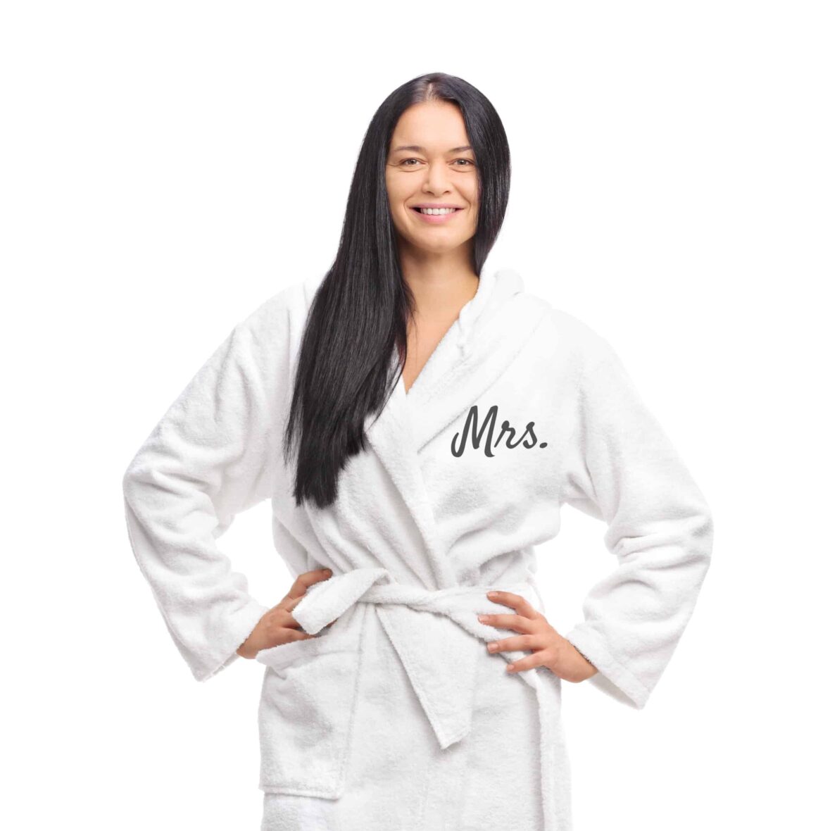 Cheerful woman in a white bathrobe